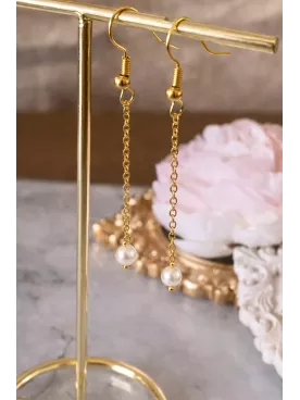 Magnolia- Boucles d'oreilles de mariée style minimaliste avec chaine fine et perle nacrée, pendantes - bijoux mariage