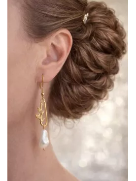 Auréline - Boucles d’oreilles – Feuillage doré à l’or fin 24K & goutte nacrée Swarovski