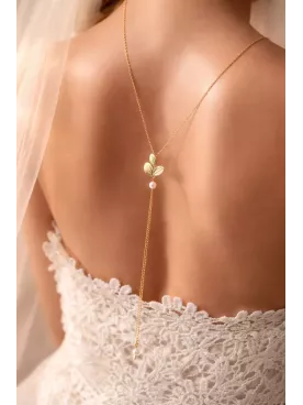 Pavin – Collier de dos mariée, décolleté dos nu, feuillage doré et perles Swarovski