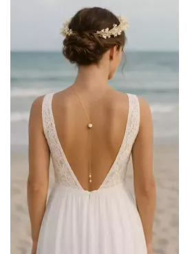 Altair - Collier de dos mariée Doré – Chaîne Fine & Perles Nacrées Swarovski | Bijou Élégant Robe Dos Nu