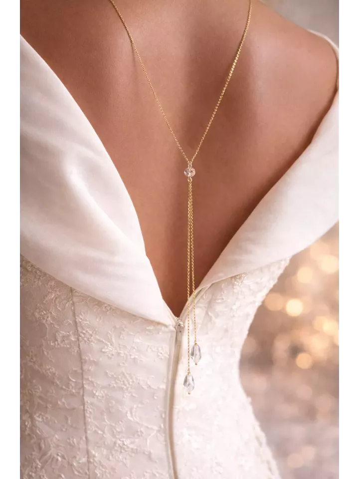 Collier de Dos Mariage Swarovski – Bijou Mariée Dos Nu Élégant, Gouttes de Cristal, Doré Argenté  – Zélina