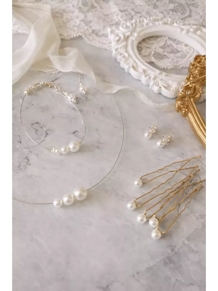 Parure Mariée Perles Swarovski Nacrées – Collier, Bracelet, Boucles & Pics Cheveux – Bijoux Mariage Minimaliste Néria