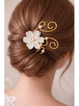 Parure Mariage Arabesque Fleur Métal doré & Perles – Bijoux Mariée Romantique et Élégante