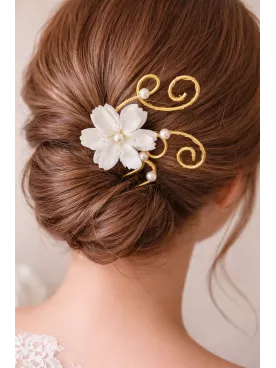 Parure Mariage Arabesque Fleur Métal doré & Perles – Bijoux Mariée Romantique et Élégante