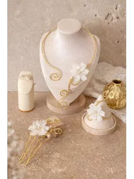 Parure Mariage Arabesque Fleur Métal doré & Perles – Bijoux Mariée Romantique et Élégante