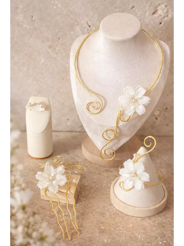 Parure Mariage Arabesque Fleur Métal doré & Perles – Bijoux Mariée Romantique et Élégante