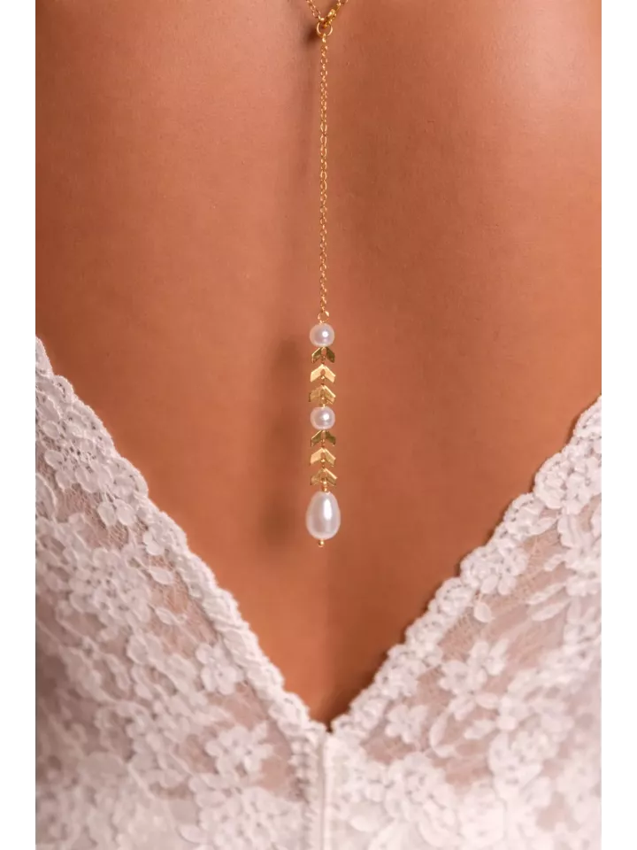 Collier de Dos Mariée ESPIGA en Perles Dorées – Bijou Élégant pour Robe Dos Nu