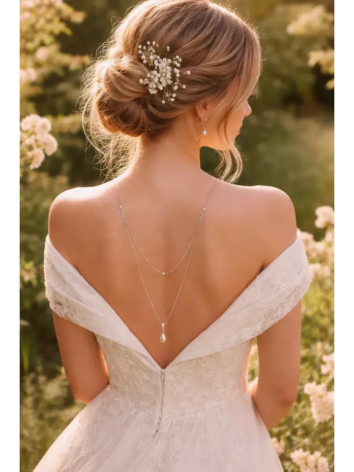 Balaton– Collier de dos mariage doré et perles nacrées, bijou délicat pour robe dos nu