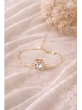 Bracelet de Mariée Doré avec Cristal et Perles Nacrées Élégantes – Golden Square