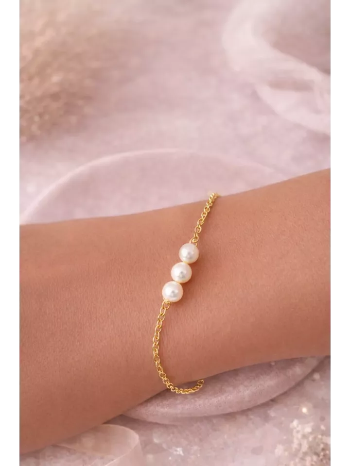 Bracelet de Mariée Fin en Perles Nacrées Swarovski -Chaîne Dorée-Gange