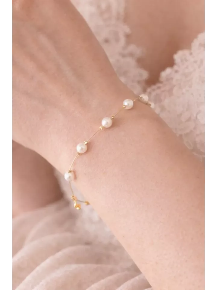 Bracelet Mariée Perles Swarovski Nacrées Doré Ajustable- Subtile