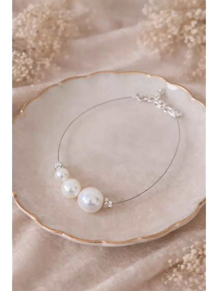 Trio Dégradé- Bracelet Mariée minimaliste sur câble argenté, perles nacrées et fermoir argent 925