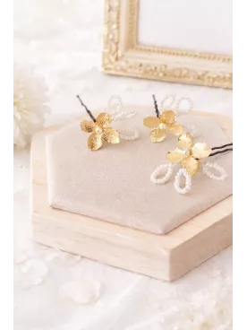 Pics à Cheveux Mariée Perles Nacrées & Fleurs Dorées |Évidence