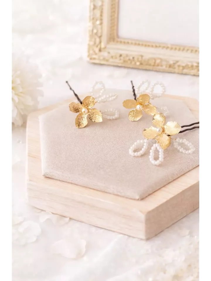 Pics à Cheveux Mariée Perles Nacrées & Fleurs Dorées |Évidence