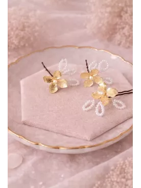 Pics à Cheveux Mariée Perles Nacrées & Fleurs Dorées |Évidence