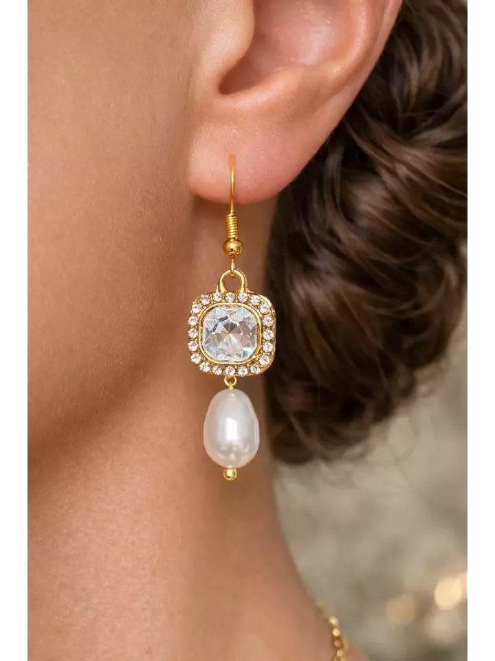 Golden Square - Boucles d’oreilles crochet Cabochon oxyde de zirconium & Goutte Nacrée, Mariage Romantique