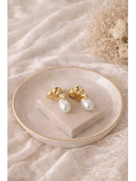 Boucles d’Oreilles Mariage Ginkgo Dorées & Perle – Élégance Bohème Chic