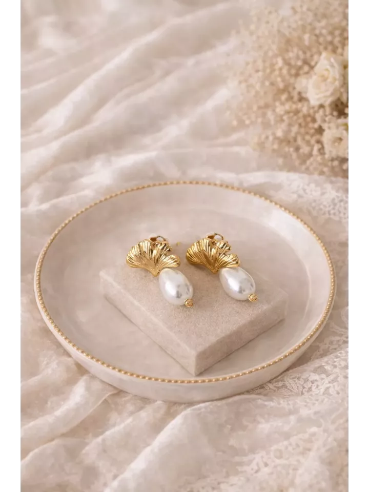 Boucles d’Oreilles Mariage Ginkgo Dorées & Perle – Élégance Bohème Chic