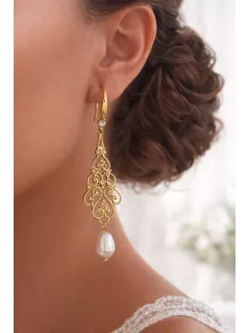 Boucles d’oreilles mariage dorées perle pendante – Style romantique chic -Estampa