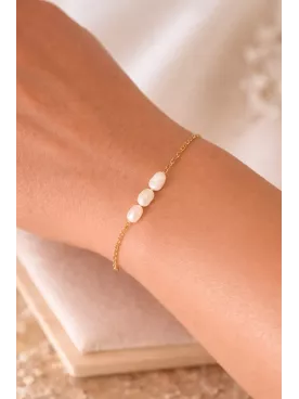 Bracelet Mariée 3 Perles Fines – Chaîne dorée Délicate pour Mariage- Trío de Luz