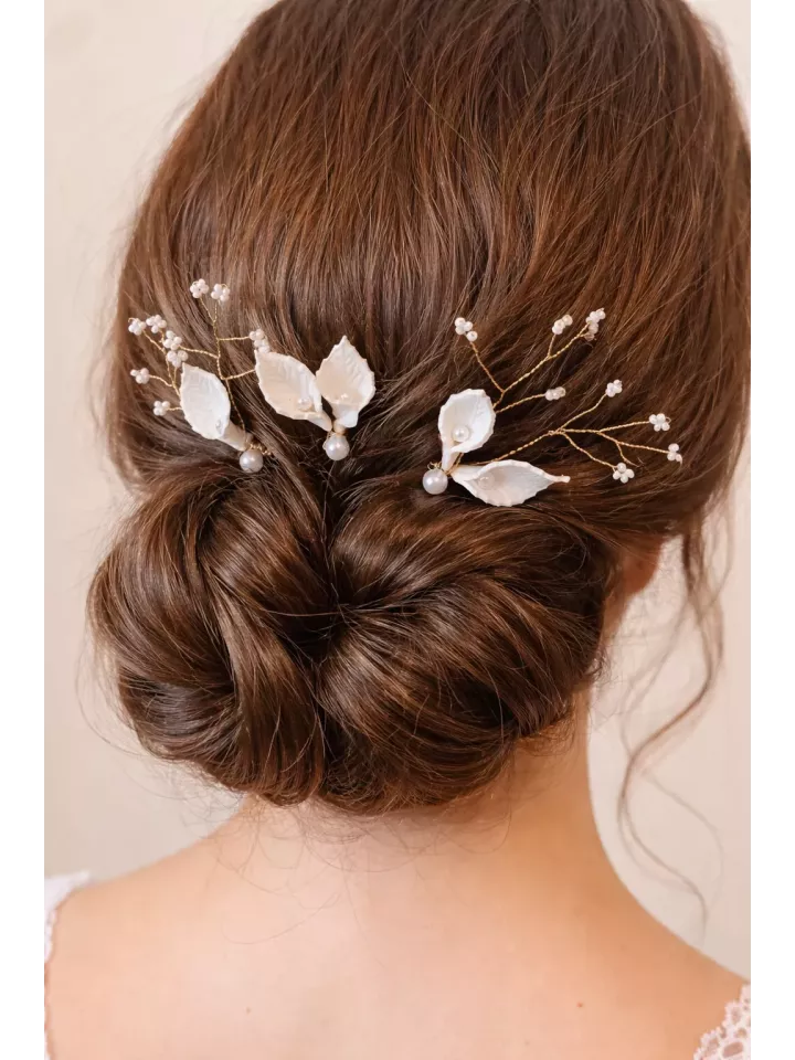 Pics à chignon mariage feuilles blanches et perles – Accessoires cheveux mariée bohème | Jardin Sauvage