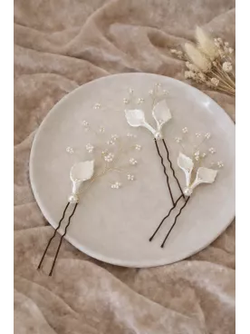 Pics à chignon mariage feuilles blanches et perles – Accessoires cheveux mariée bohème | Jardin Sauvage