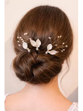 Pics à chignon mariage feuilles blanches et perles – Accessoires cheveux mariée bohème | Jardin Sauvage