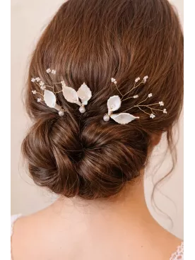 Pics à chignon mariage feuilles blanches et perles – Accessoires cheveux mariée bohème | Jardin Sauvage