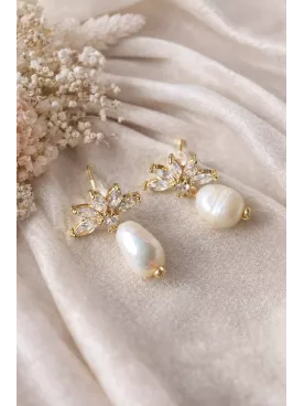 Boucles d’oreilles mariage perles et fleurs en zirconium – Accessoires mariée bohème chic |Poética