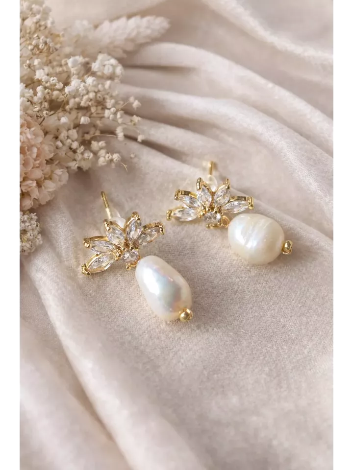 Boucles d’oreilles mariage perles et fleurs en zirconium – Accessoires mariée bohème chic |Poética