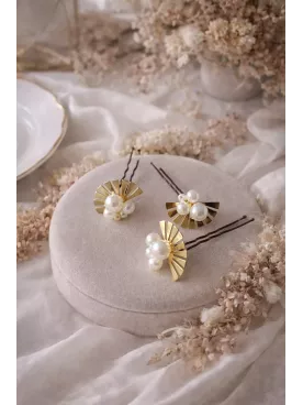 Pics à chignon mariage dorés et perles – Accessoires cheveux mariée bohème chic |Abanico