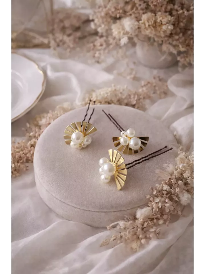 Pics à chignon mariage dorés et perles – Accessoires cheveux mariée bohème chic |Abanico