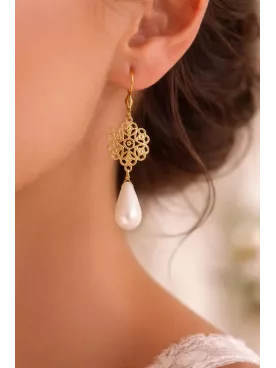 Boucles d’Oreilles Mariage Estampe Dorée à l’Or Fin & Crochet Acier Inoxydable – Gouttes Swarovski Élégance Bohème Chic I Gota