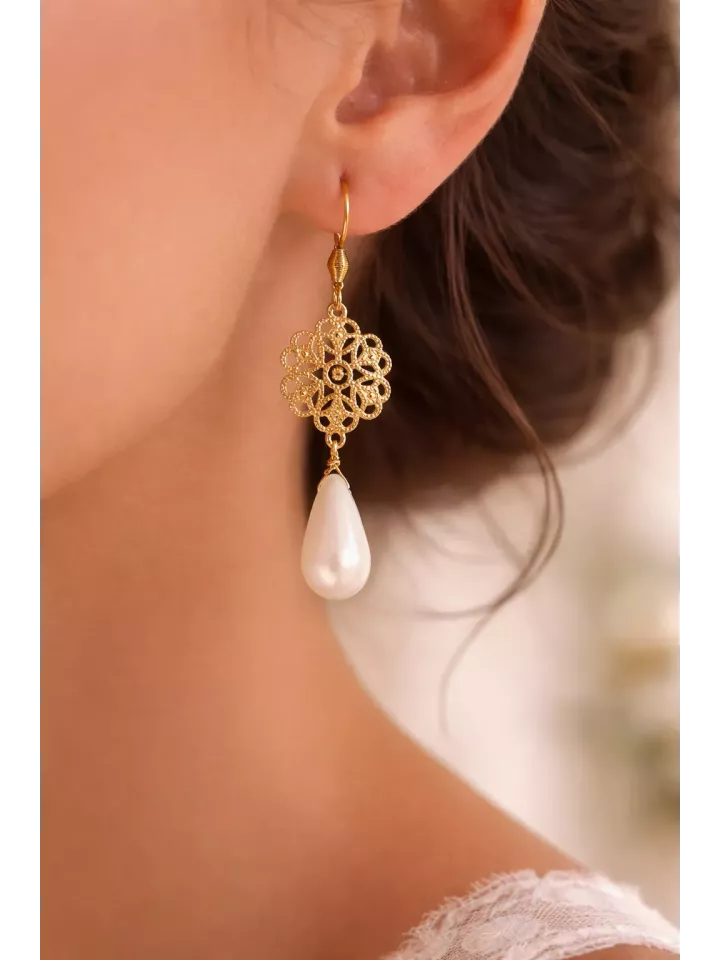 Boucles d’Oreilles Mariage Estampe Dorée à l’Or Fin & Crochet Acier Inoxydable – Gouttes Swarovski Élégance Bohème Chic I Gota