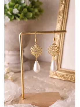 Boucles d’Oreilles Mariage Estampe Dorée à l’Or Fin & Crochet Acier Inoxydable – Gouttes Swarovski Élégance Bohème Chic I Gota