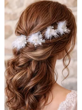 Églantines – Lot de 5 pics à cheveux de mariée avec fleurs, plumes et perles – Coiffure mariage bohème chic