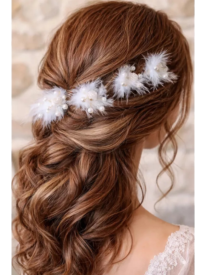 Églantines – Lot de 5 pics à cheveux de mariée avec fleurs, plumes et perles – Coiffure mariage bohème chic
