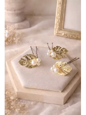 Pics à Chignon Dorés Feuille et Perles – Accessoire Cheveux Mariée Élégant |Lirio de agua