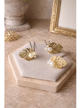 Pics à Chignon Dorés Feuille et Perles – Accessoire Cheveux Mariée Élégant |Lirio de agua