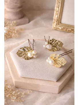 Pics à Chignon Dorés Feuille et Perles – Accessoire Cheveux Mariée Élégant |Lirio de agua