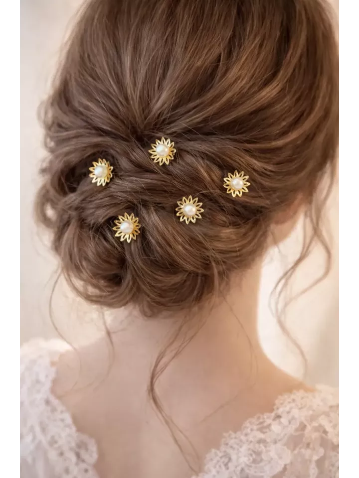 Pics à Chignon Mariée – Accessoire Cheveux Doré et Perles I Lluvia de Flores