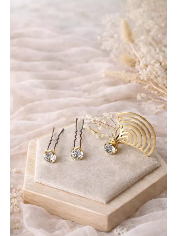 Pics à cheveux mariage dorés avec perles fines – Accessoire chic pour chignon de mariée I Diseño