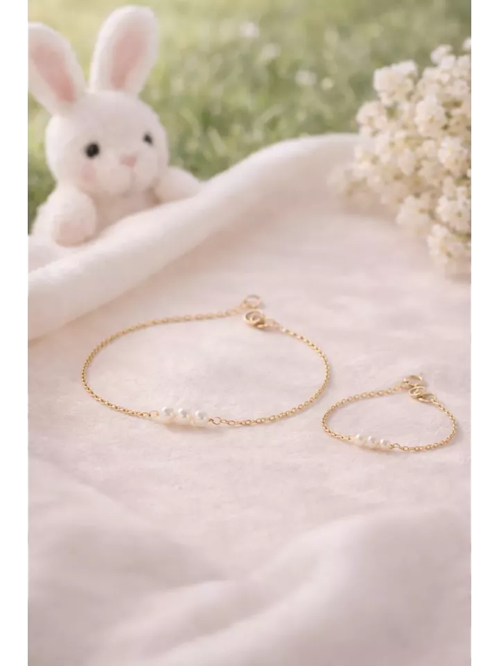 Kit Bracelet Mariée & Fille – Perles Blanches Dorées | Bijoux Maman Fille Mariage