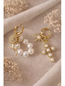 Boucles d’oreilles croix perles et tournesol doré – Créoles scintillantes – Bijou bohème chic femme