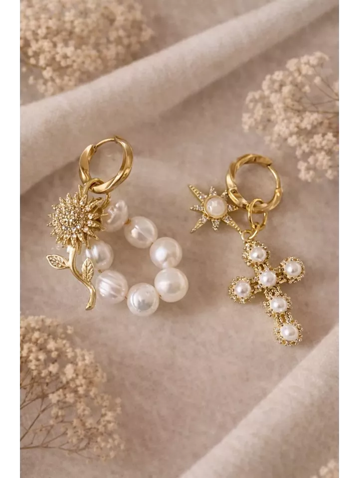 Boucles d’oreilles croix perles et tournesol doré – Créoles scintillantes – Bijou bohème chic femme