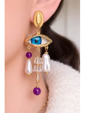 Boucles d’Oreilles Œil Bleu Dorées et Perles – Bijou Fantaisie Élégant et Original