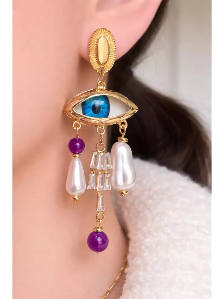 Boucles d’Oreilles Œil Bleu Dorées et Perles – Bijou Fantaisie Élégant et Original