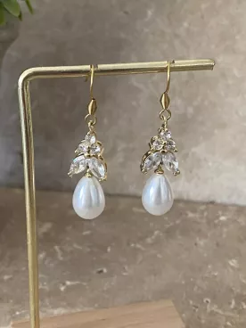 Boucles d’oreilles mariage perle goutte et cristaux – doré –Princesa - Lueur de Perles