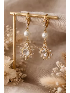Boucles d’oreilles Mariée Princesse – Dormeuses dorées avec cristal goutte 24×16 mm et strass