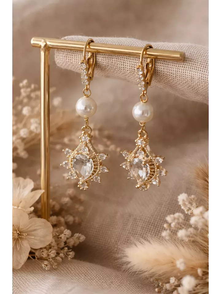 Boucles d’oreilles Mariée Princesse – Dormeuses dorées avec cristal goutte 24×16 mm et strass